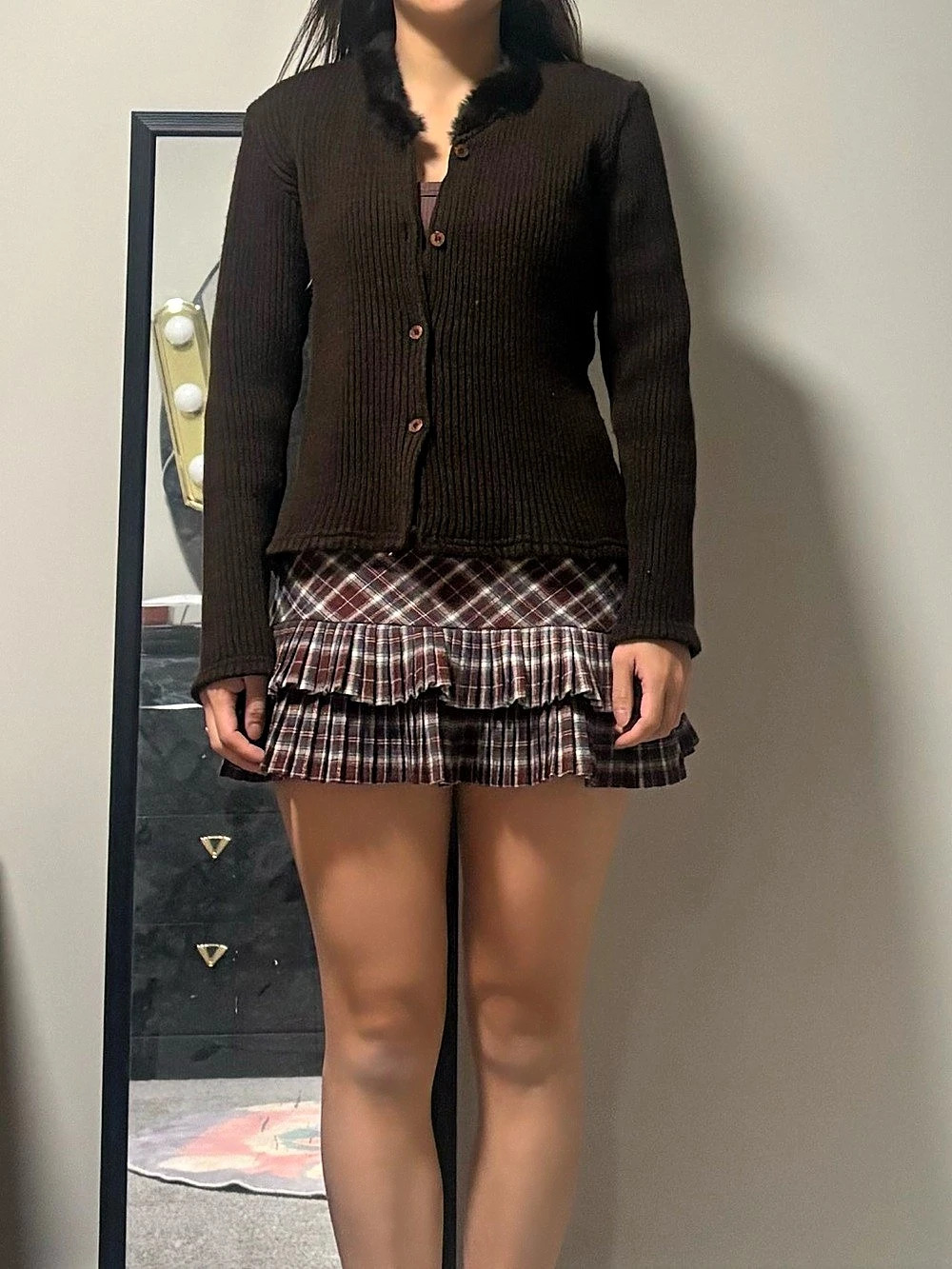 Brown ribbed feather fur neck long sleeve button down cardigan